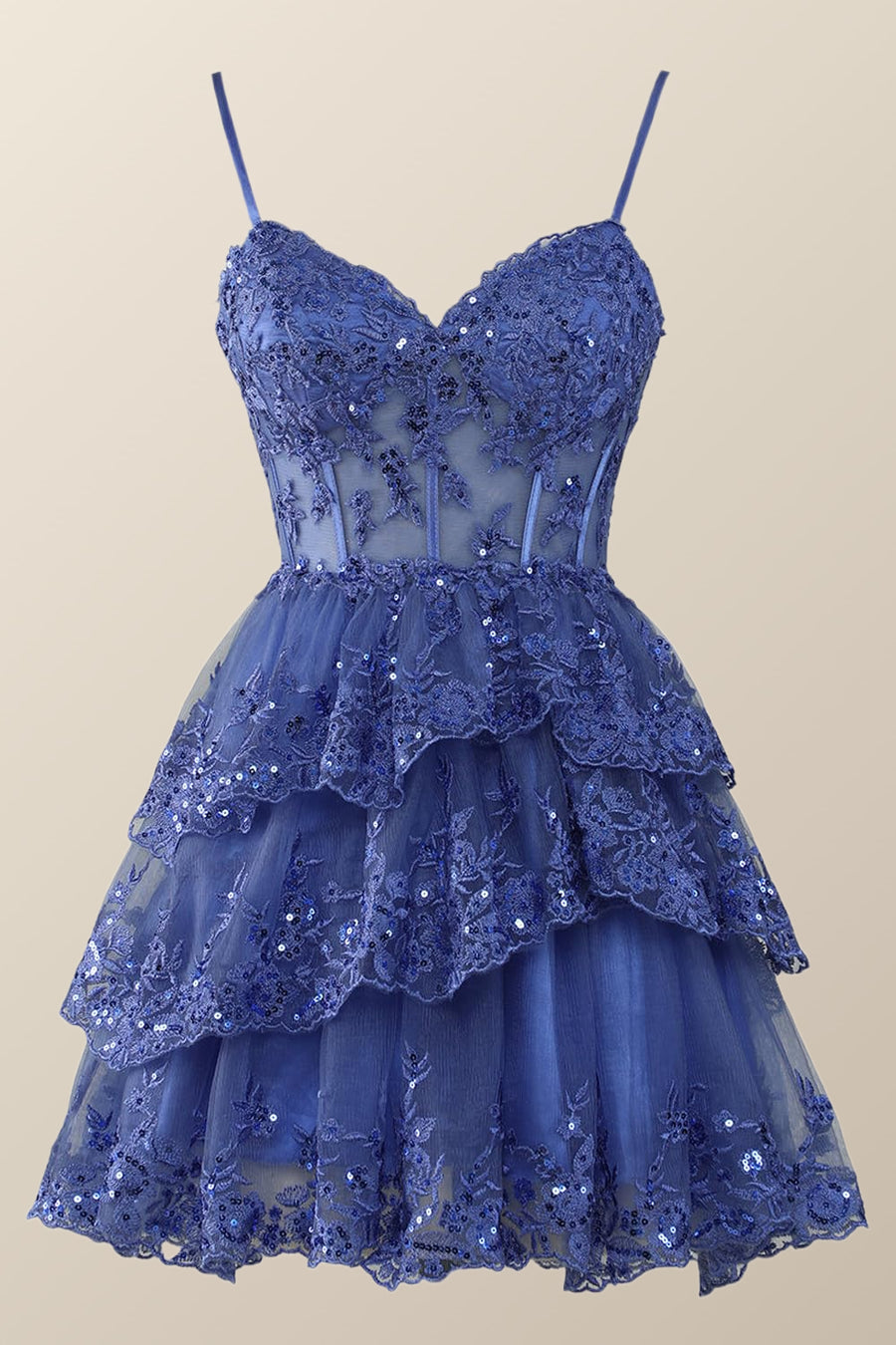 Straps Navy Appliques Tiered Layered Short Princess Dress