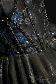 Black Corset Blue Flower Sequin Party Dress