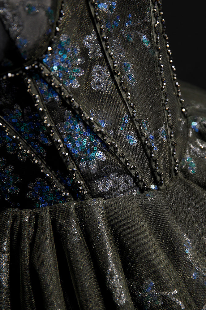 Black Corset Blue Flower Sequin Party Dress