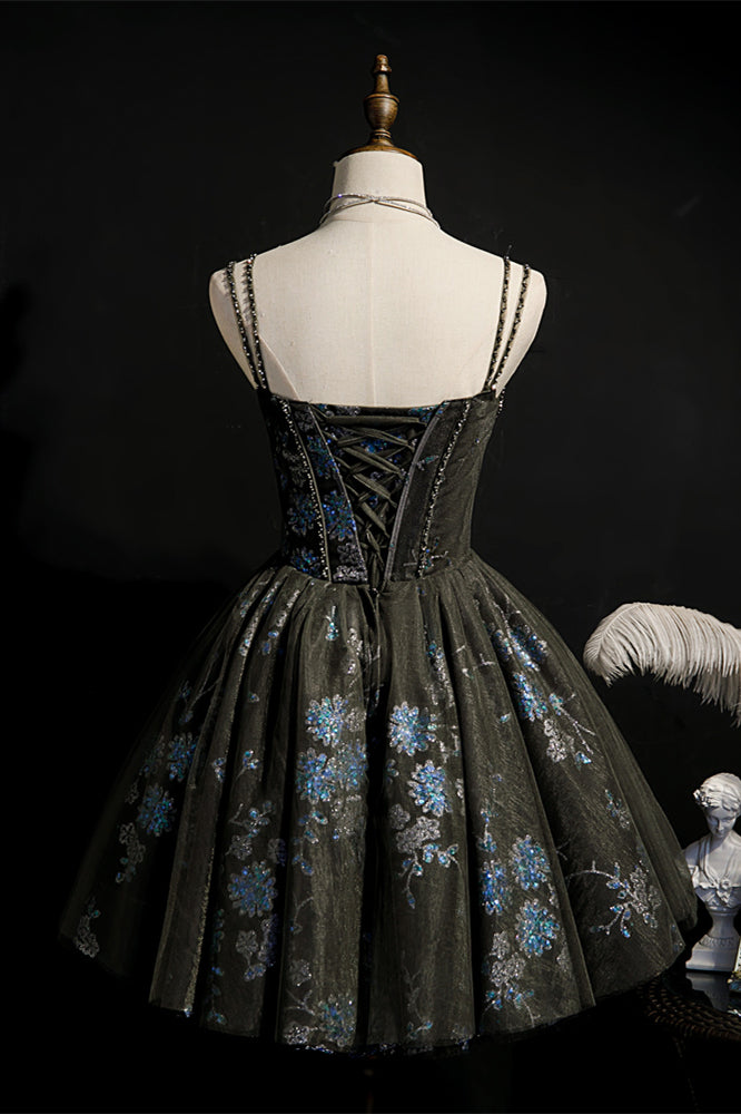 Black Corset Blue Flower Sequin Party Dress