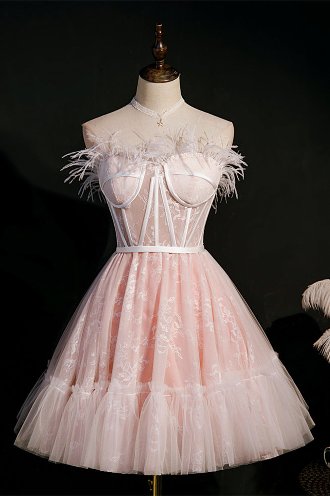 Feather Pink Lace Short A-line Homecoming Dress Ohmollydress Feather Pink Lace Short A-line Homecoming Dress Ohmollydress
