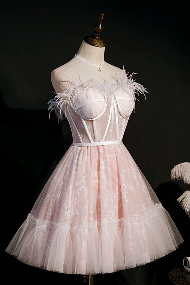 Feather Pink Lace Short A-line Homecoming Dress Ohmollydress Feather Pink Lace Short A-line Homecoming Dress Ohmollydress