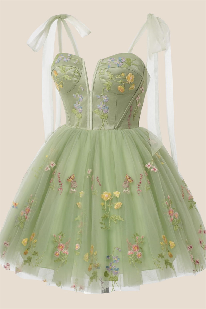 green floral dress short Sage Embroidery A-line – Ohmollydress knee length floral cocktail dress