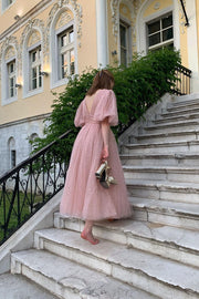 Red Puffy Sleeves Glitters Tea Length Dress