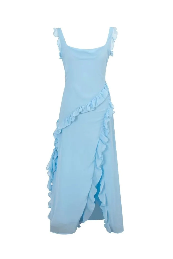 Square Collar Blue Ruffle Long Dress with Slit  Ohmollydress