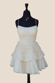 Square Neck Ivory Tiered Sparkle Tulle Short Dress