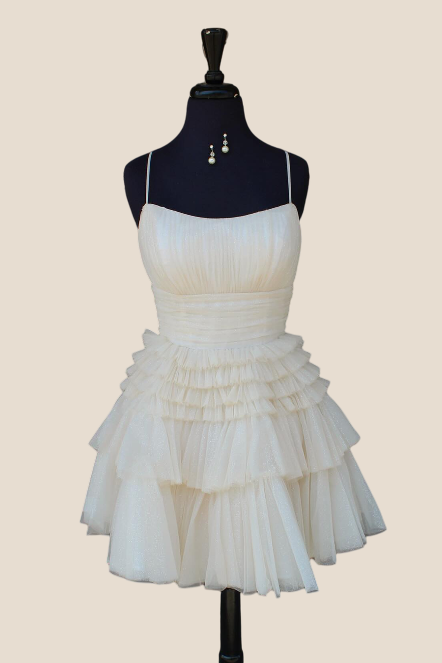 Square Neck Ivory Tiered Sparkle Tulle Short Dress