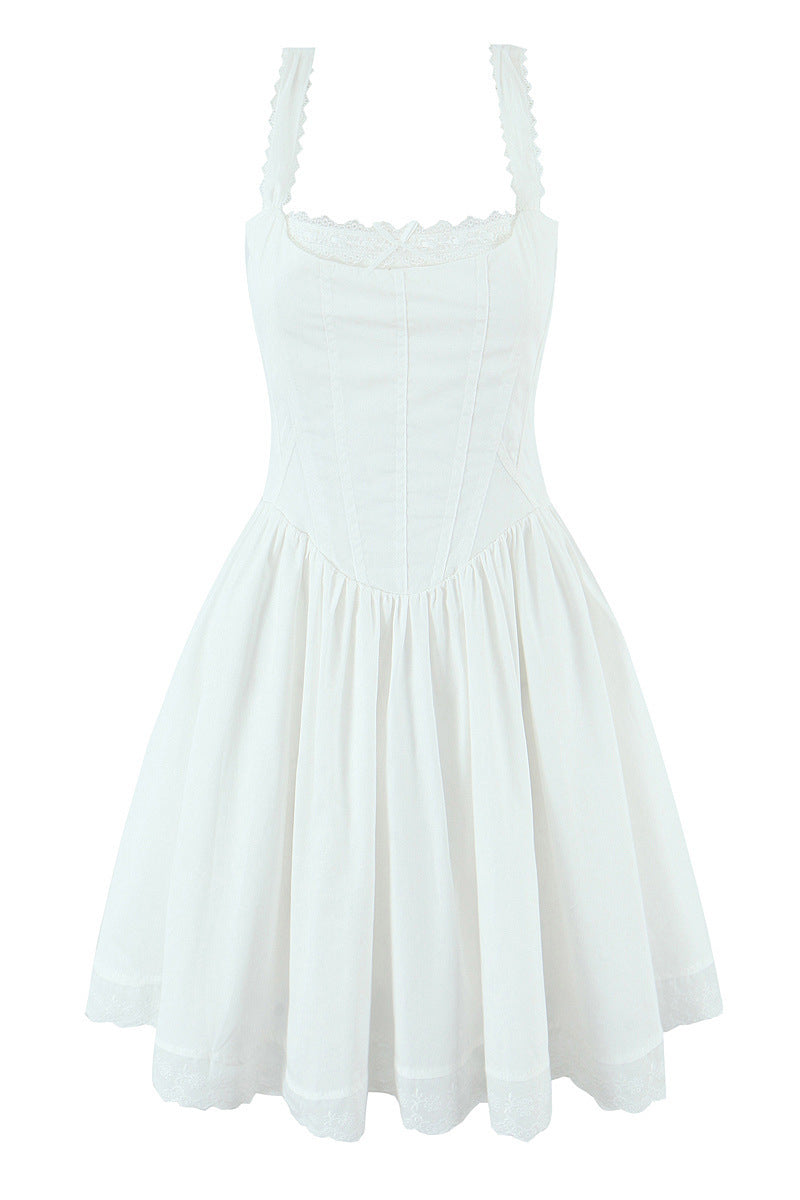 short white dress with black lace White Satin Mini Dress Black Lace Sleeves