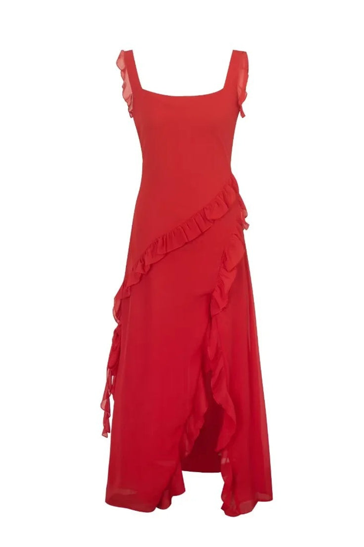 Square Collar Wine Red Ruffle Long Dress with Slit – Ohmollydress