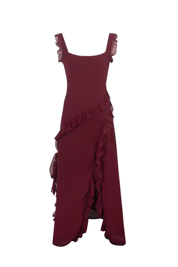 Square Collar Wine Red Ruffle Long Dress with Slit – Ohmollydress