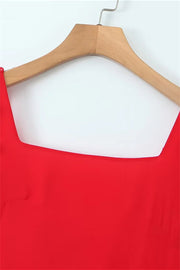 Square Collar Wine Red Ruffle Long Dress with Slit