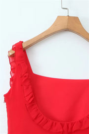Square Collar Wine Red Ruffle Long Dress with Slit