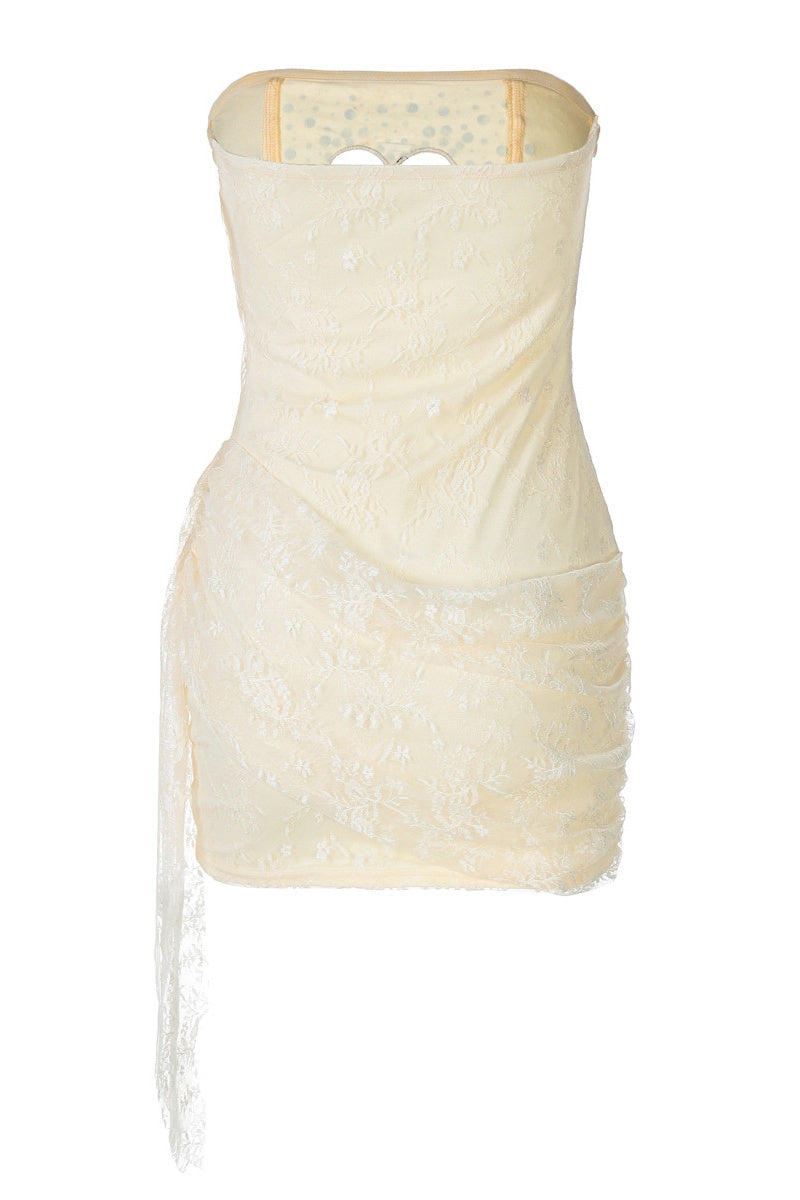Strapless Yellow Hollow Heart Lace Short Dress – Ohmollydress