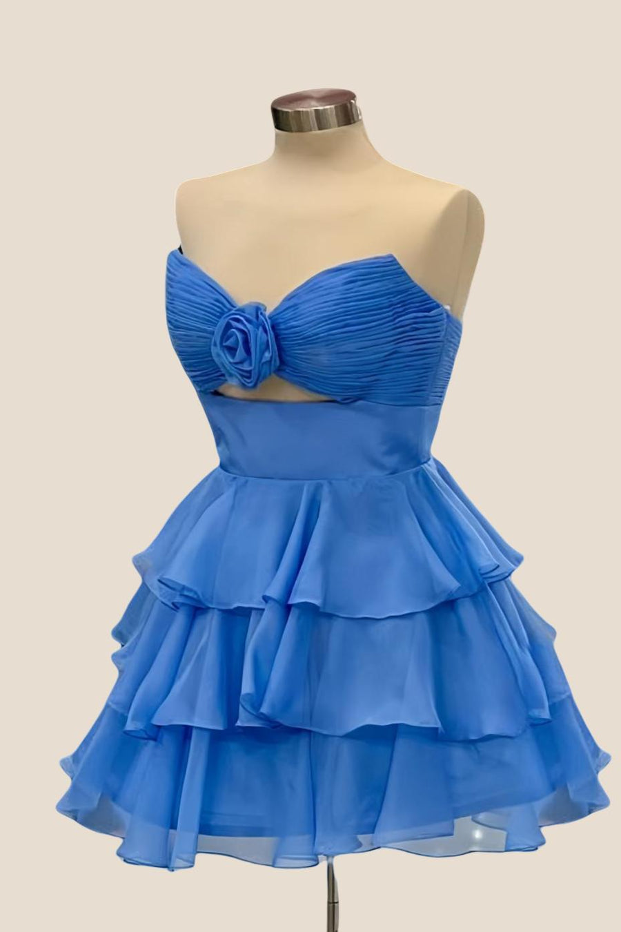 Strapless Green Pleated Tiered Short Dress with Rosette