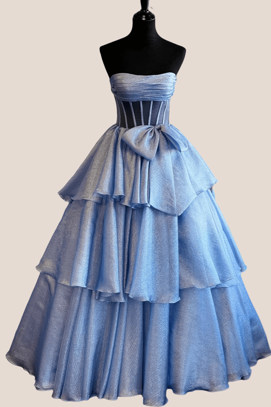 Strapless Blue Tiered Long Dress with bow