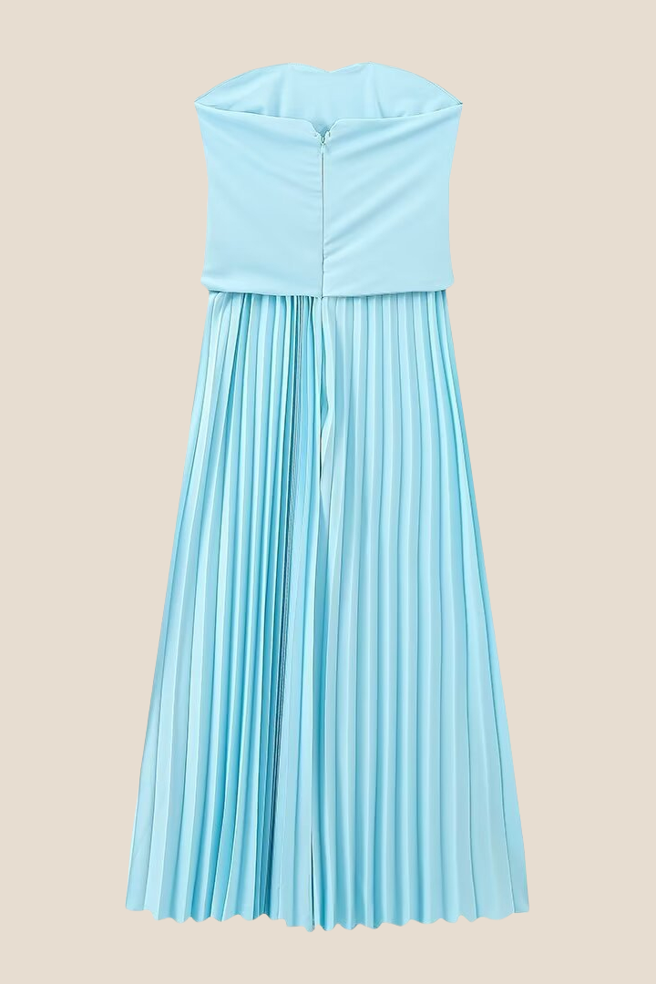Strapless Light Blue Pleated Midi Dress Ohmollydress Strapless Light Blue Pleated Midi Dress Ohmollydress