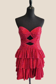 Strapless Red Beaded Tiered Short Dress with Keyhole