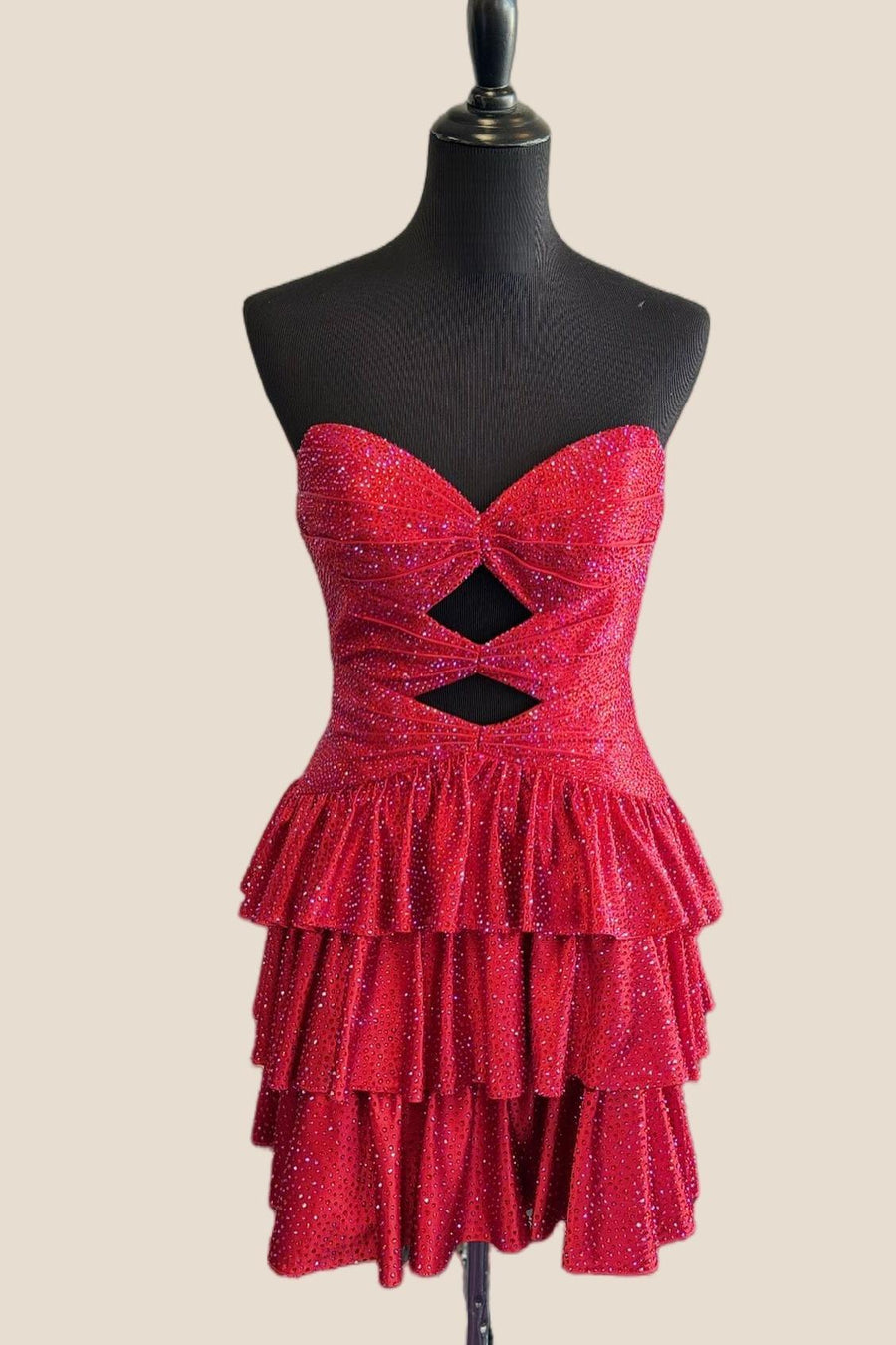 Strapless Red Beaded Tiered Short Dress with Keyhole