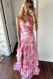Strapless Pink Floral Print Ruffle Long Dress