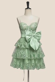 Straps Navy Appliques Tiered Short Dress with Bow