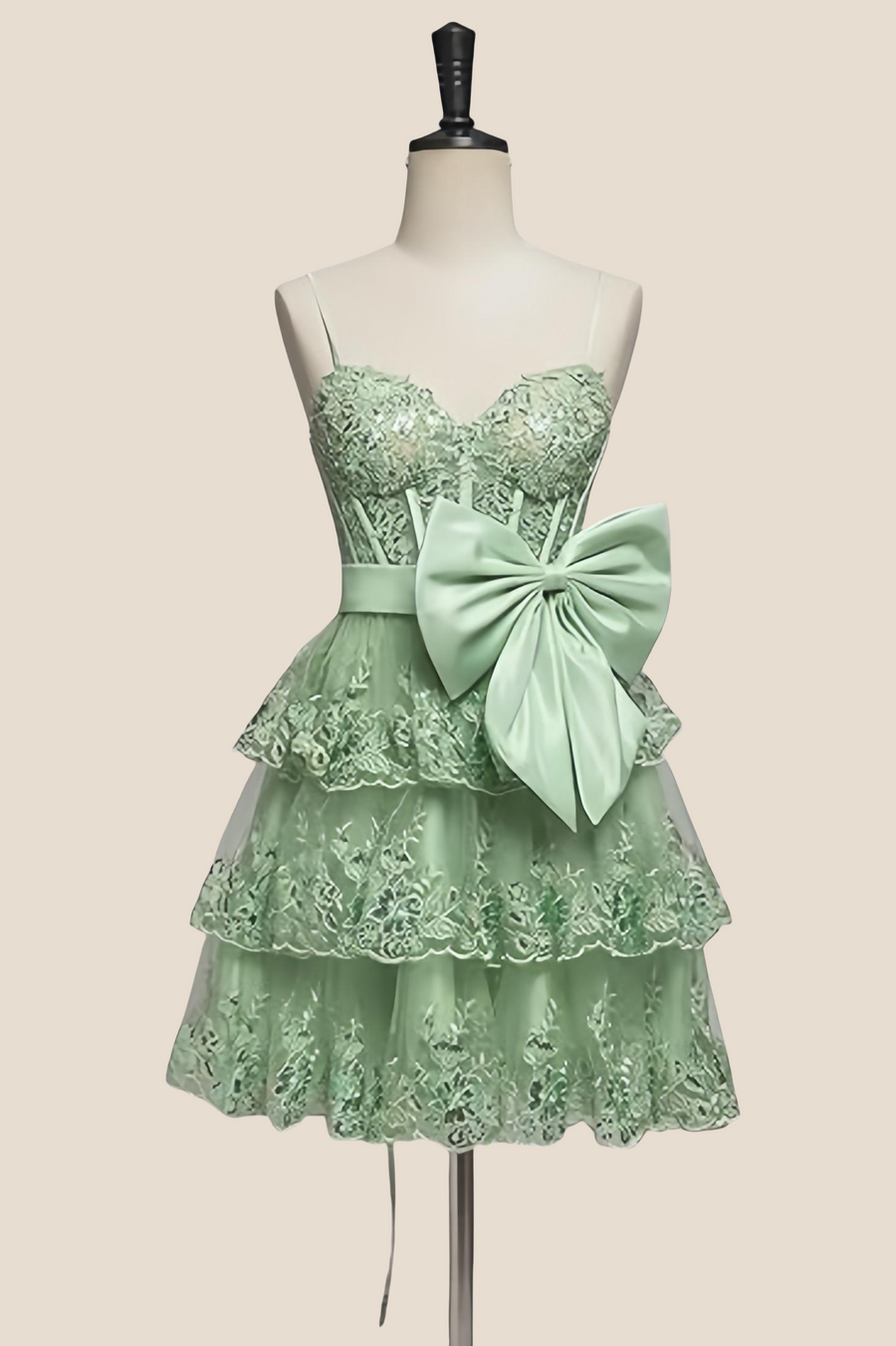 Straps Navy Appliques Tiered Short Dress with Bow