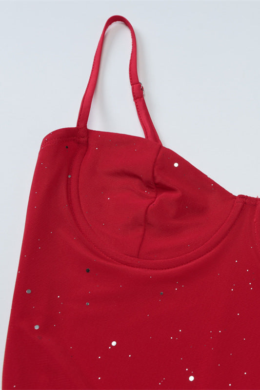 Straps Red Ruffle Hem Short Dress with Sequin – Ohmollydress