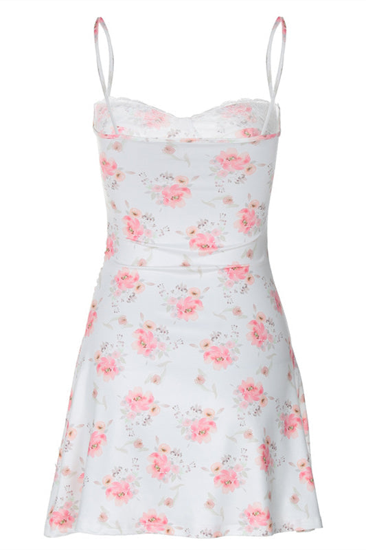 Straps White Floral Print Lace Stitching Short Dress  Ohmollydress