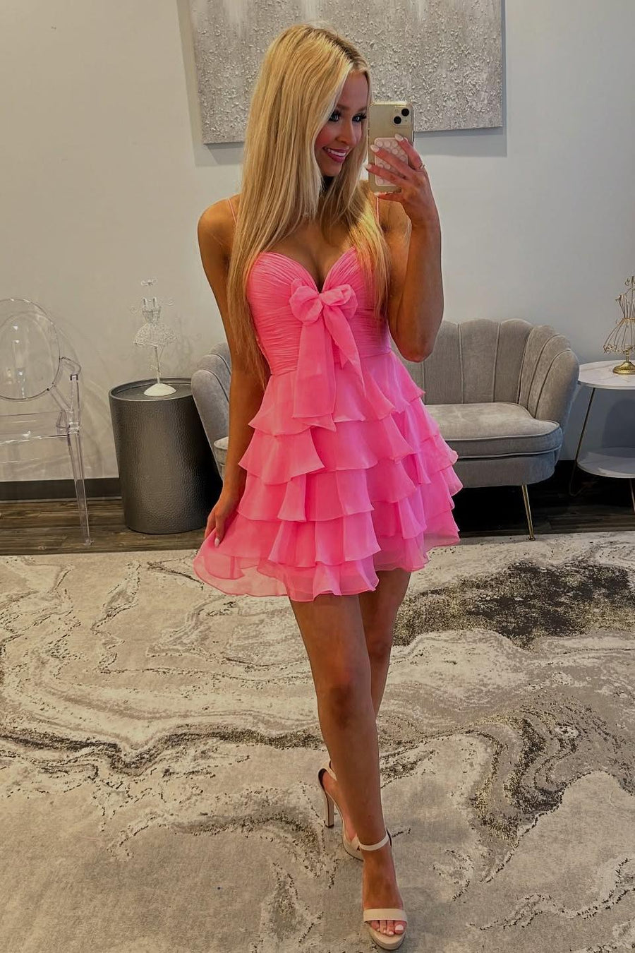 Straps Green Ruffles Short Dress with Bow