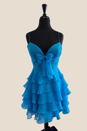 Straps Green Ruffles Short Dress with Bow