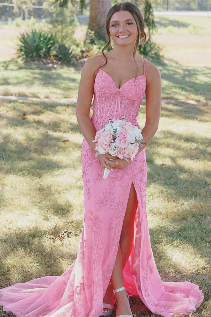 Straps Hot Pink Lace Mermaid Long Prom Dress – Ohmollydress