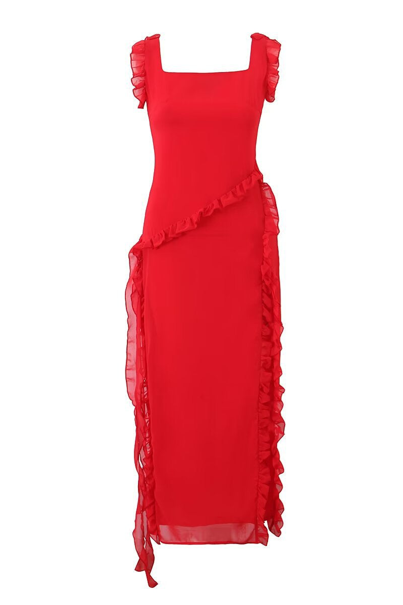 Straps Red Ruffle Long Summer Dress with Slit Ohmollydress Straps Red Ruffle Long Summer Dress with Slit Ohmollydress