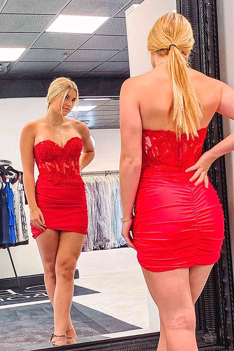 Sweetheart Red Appliques Ruched Tight Short Dress Ohmollydress Sweetheart Red Appliques Ruched Tight Short Dress Ohmollydress