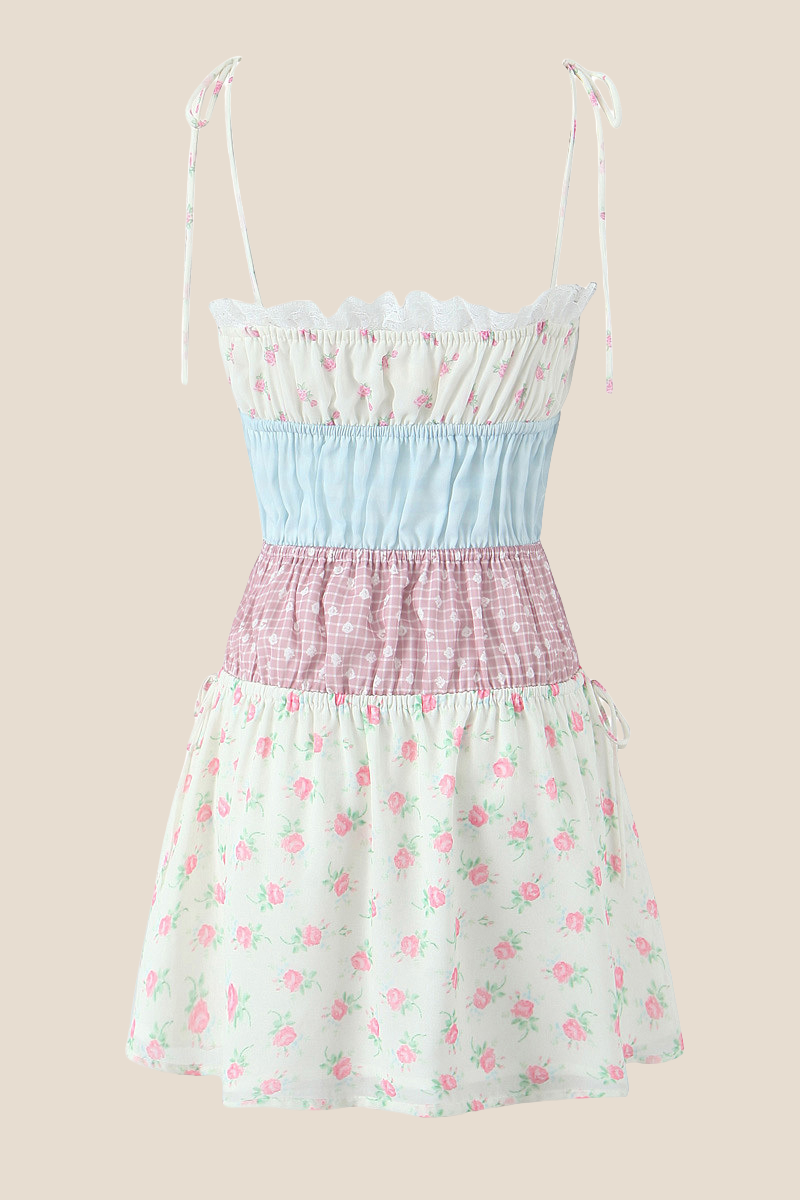 Tie Shoulder White Floral Print Short Dress