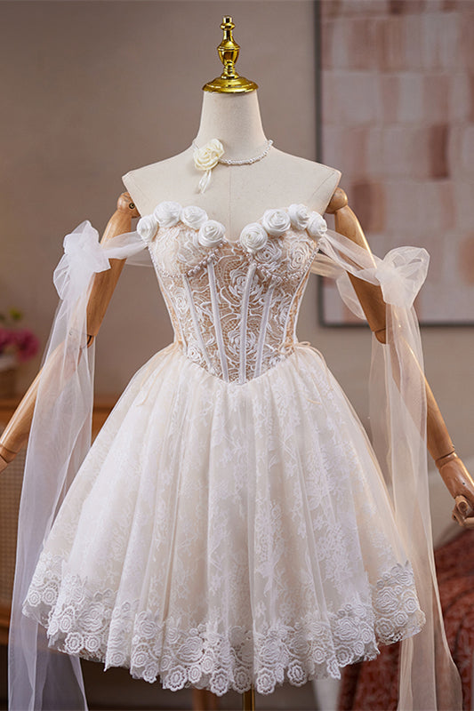 Tie Shoulder Rosette White Lace Short Dress – Ohmollydress