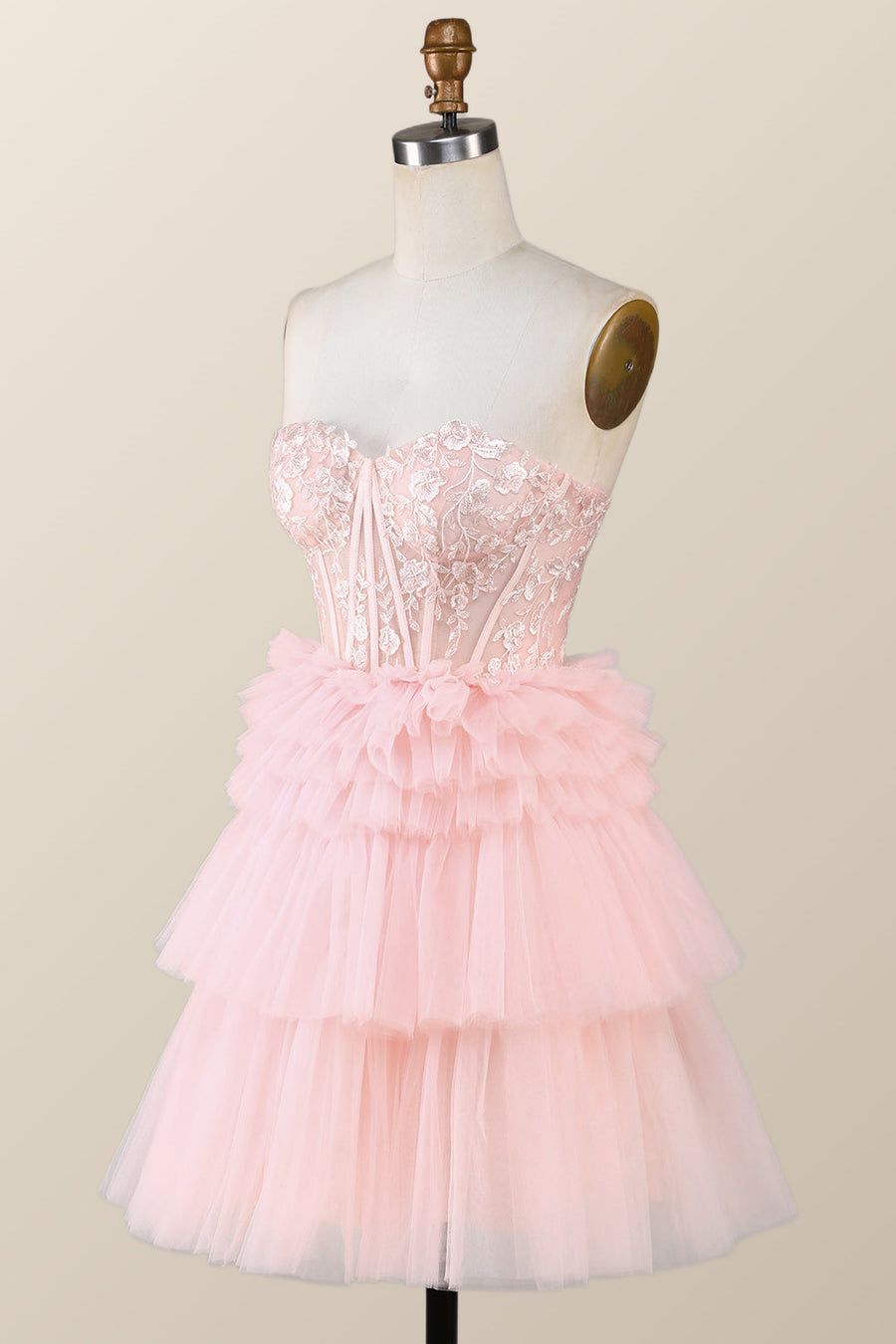 Pink Sweetheart Lace and Ruffles Short Tulle Dress