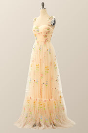 Champagne A-line Embroidered Long Formal Gown
