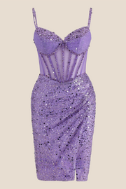 V-neck Lilac Sheer Bodice Sequin Short Dress