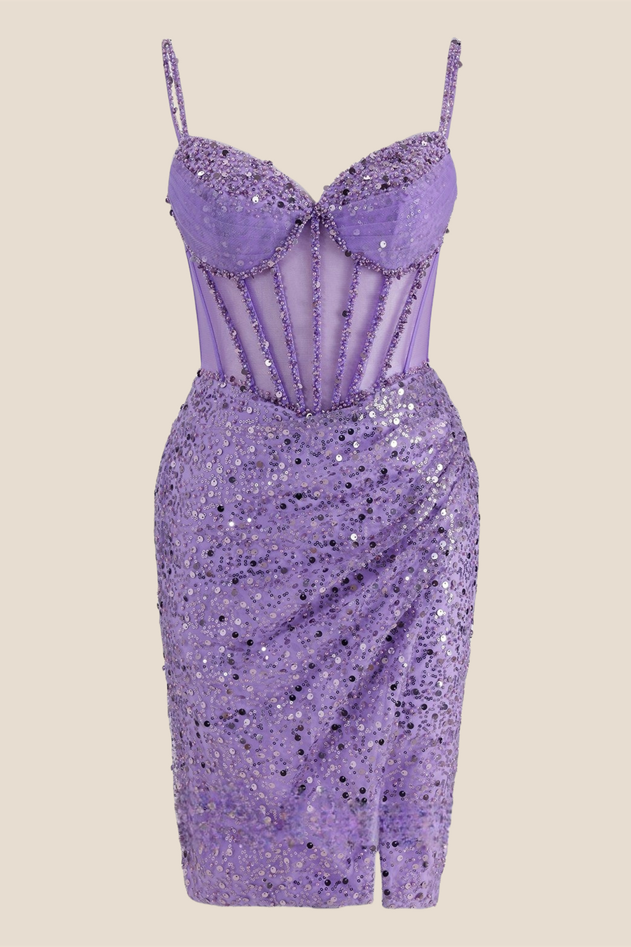 V-neck Lilac Sheer Bodice Sequin Short Dress