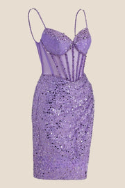V-neck Lilac Sheer Bodice Sequin Short Dress