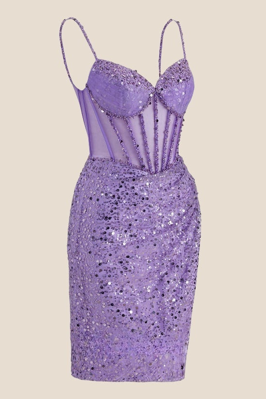 V-neck Lilac Sheer Bodice Sequin Short Dress