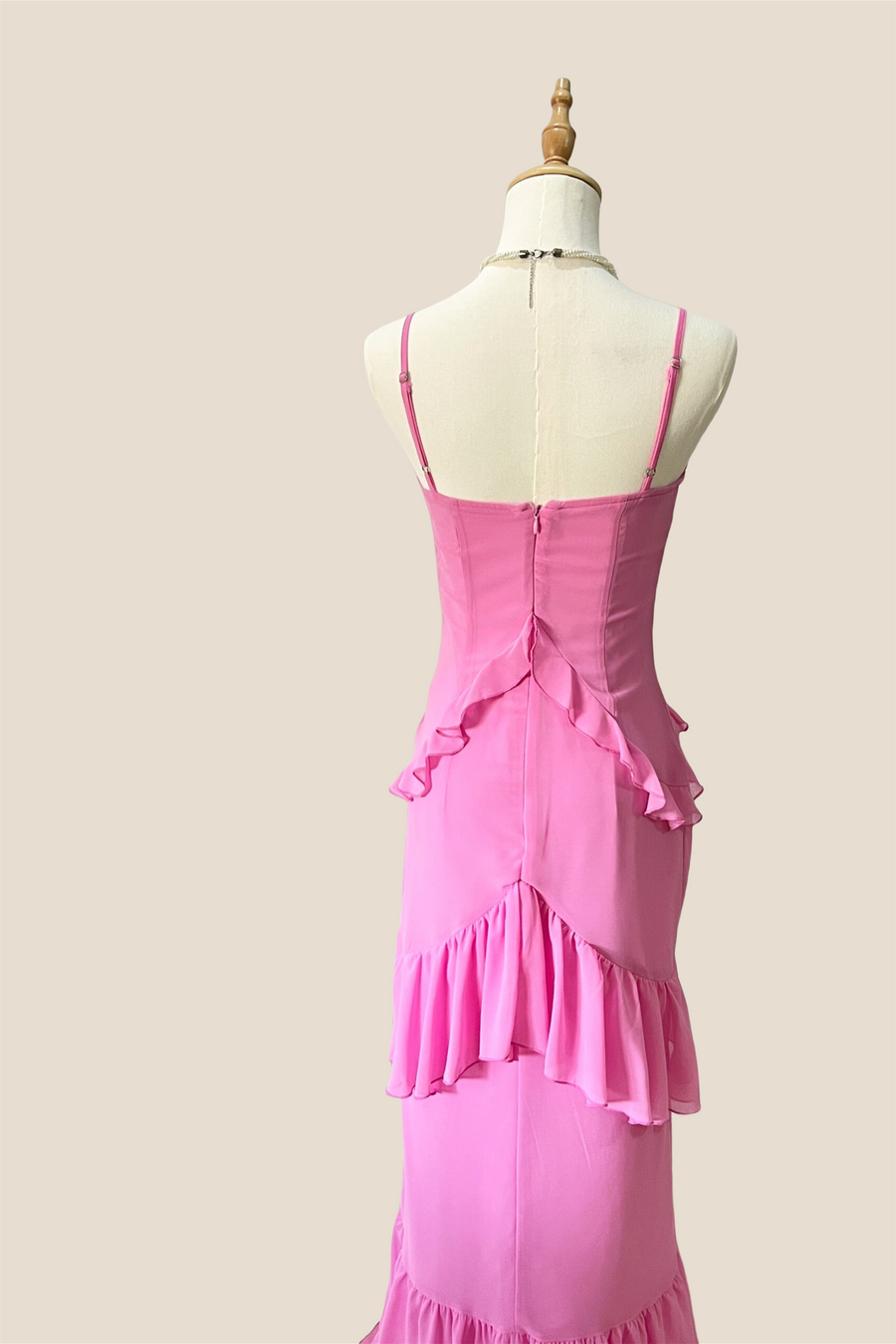 V-neck Pink Ruffle Hem Long Dress with Slit
