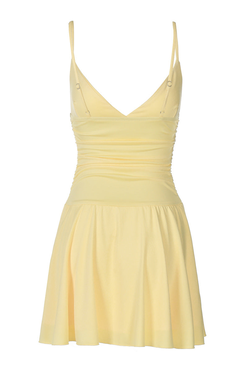 a line dress yellow Yellow Straps V Neck A-line Short Dress – Ohmollydress