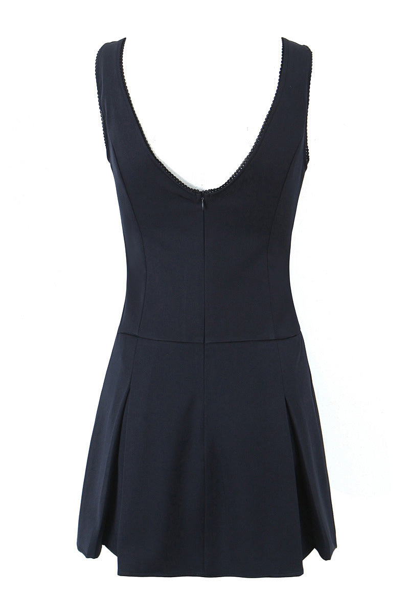 open lace back dress V Neck Navy Blue Bow Pleated Short Dress – Ohmollydress