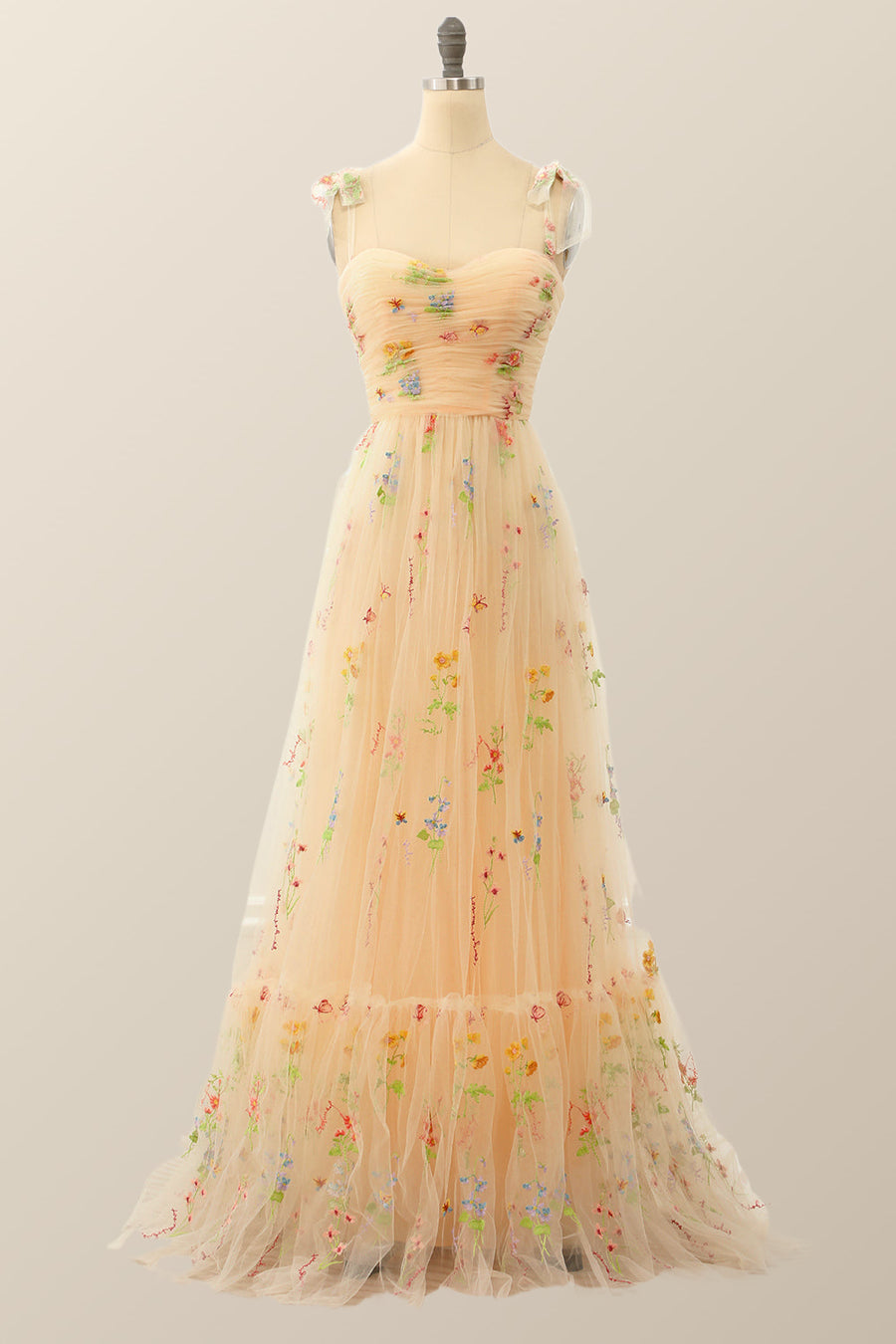 Champagne A-line Embroidered Long Formal Gown
