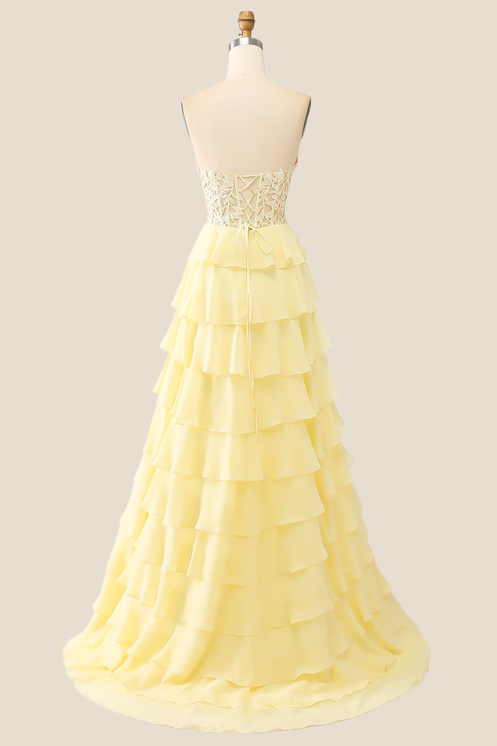 Sweetheart Yellow Appliques Tiered Ruffles Dress