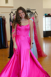 Tie Shoulders Hot Pink A-line Long Formal Dress