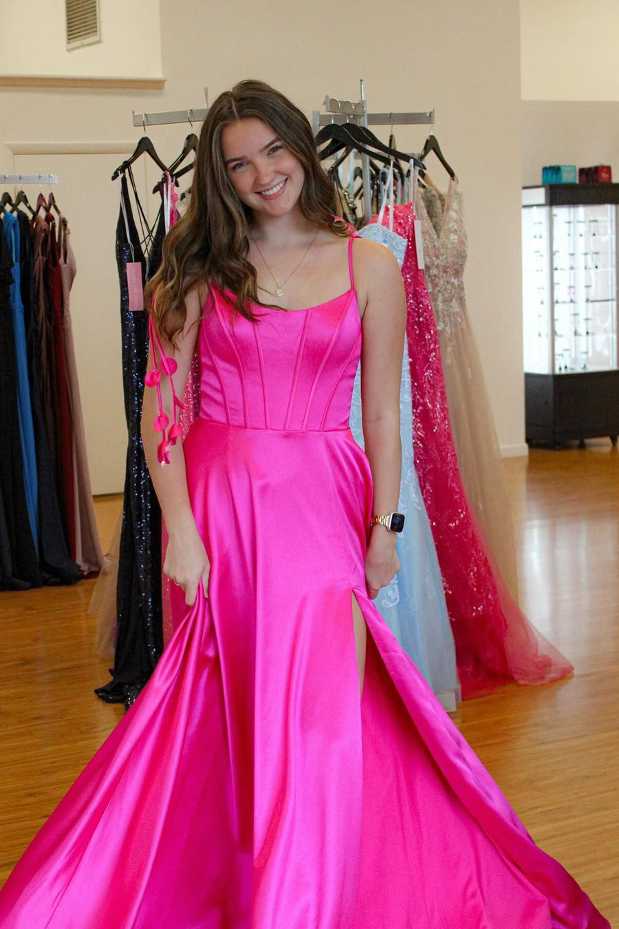 Tie Shoulders Hot Pink A-line Long Formal Dress