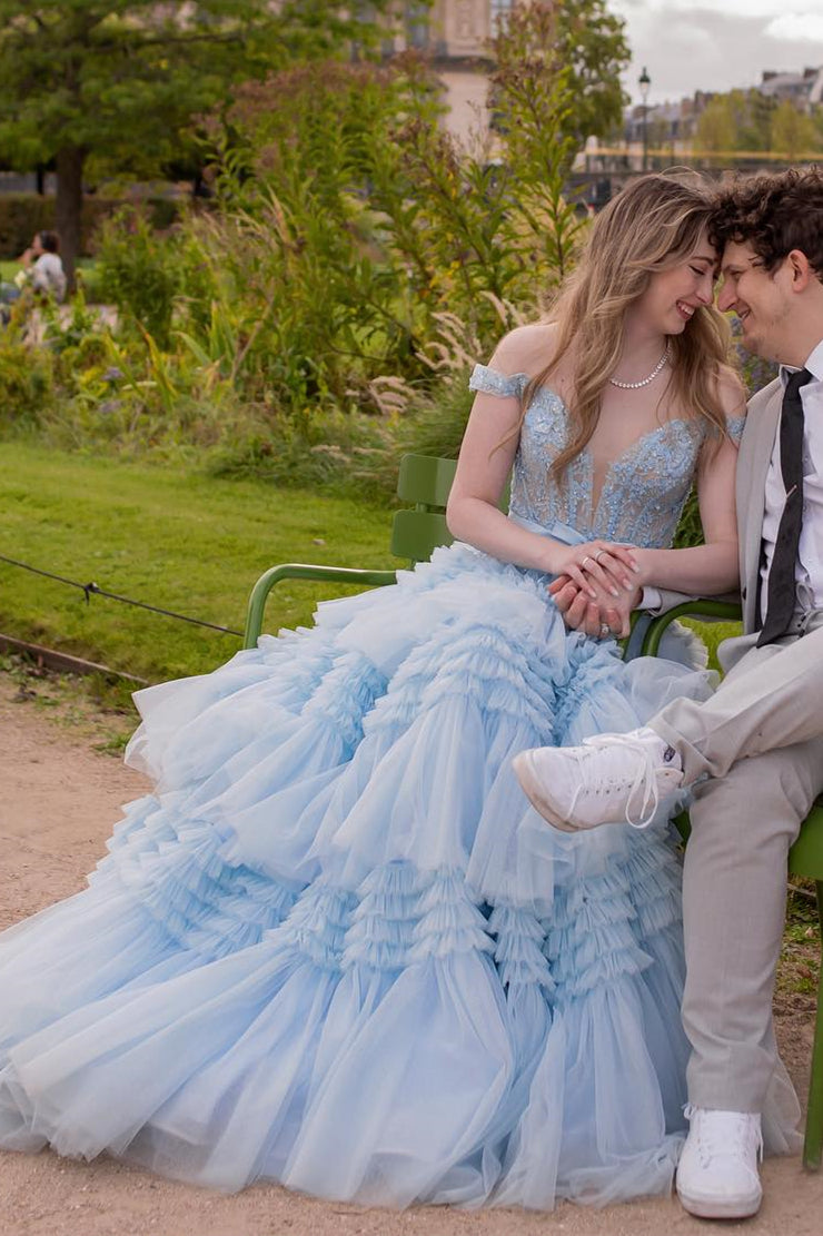 Off the Shoulder Red Appliques Tiered Long Formal Dress