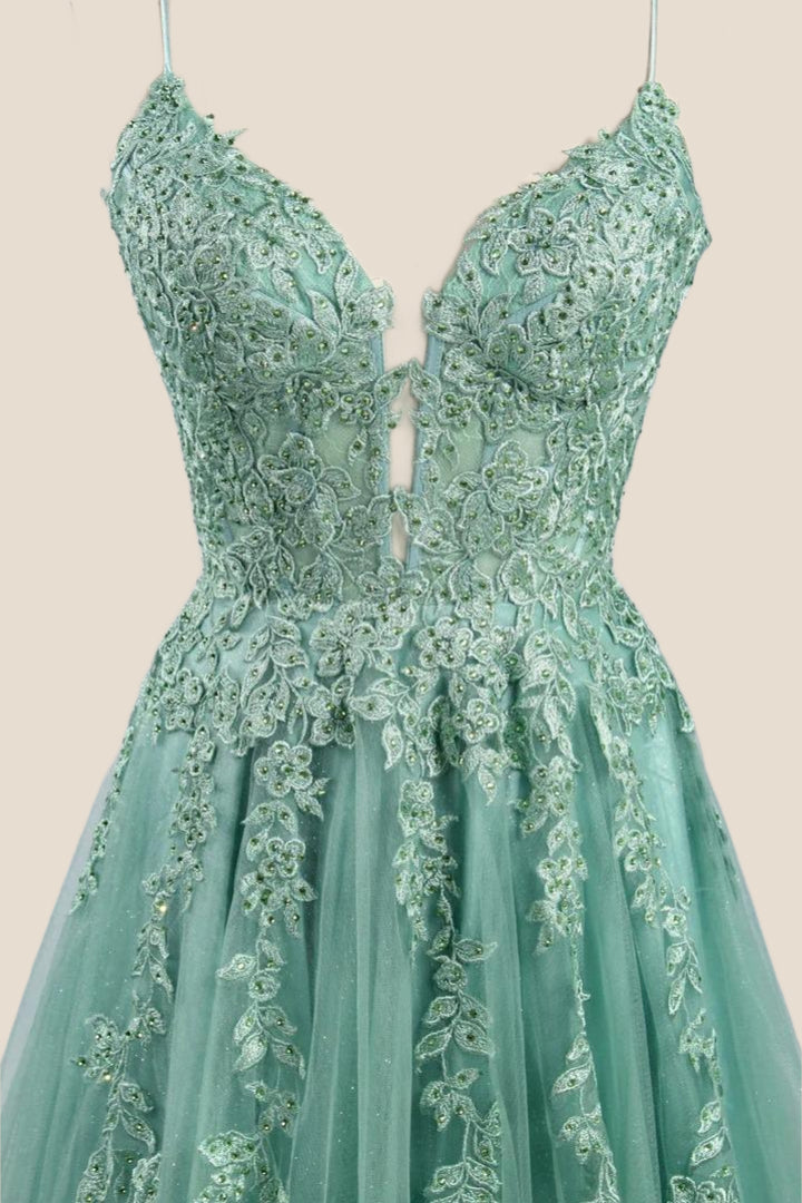 Turquoise Lace Appliques Straps A-line Long Formal Dress