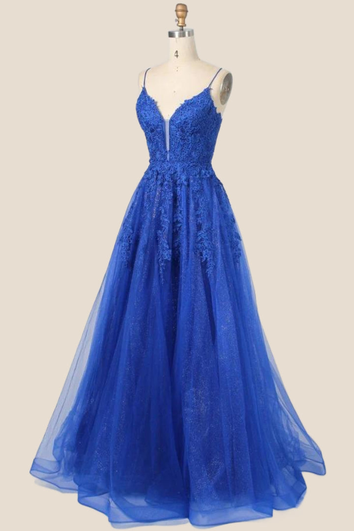 Turquoise Lace Appliques Straps A-line Long Formal Dress
